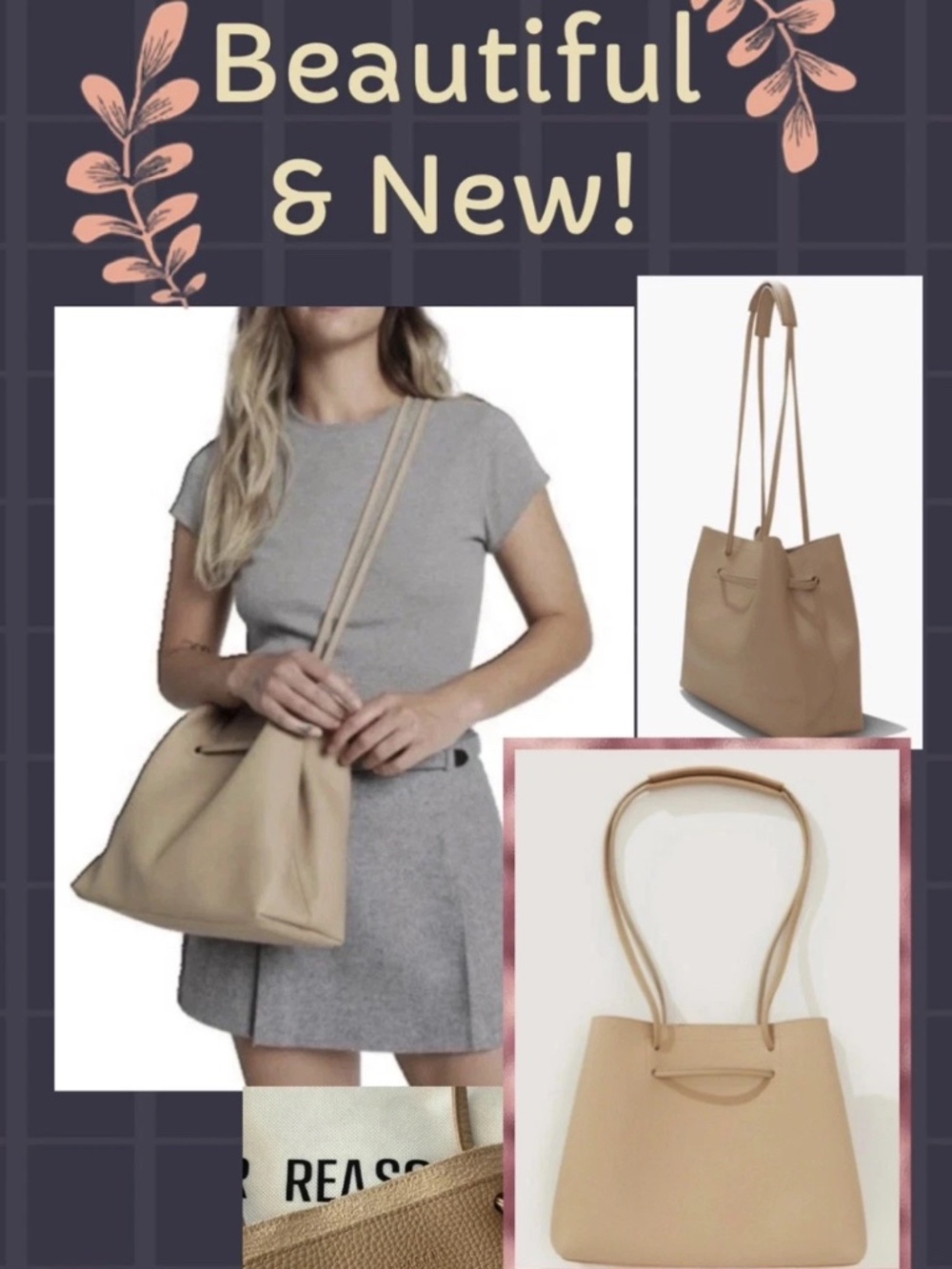 Women’s Tote Bag *8 Other Reasons Beige NEW Pebbled Leather Slouchy Bucket Tote